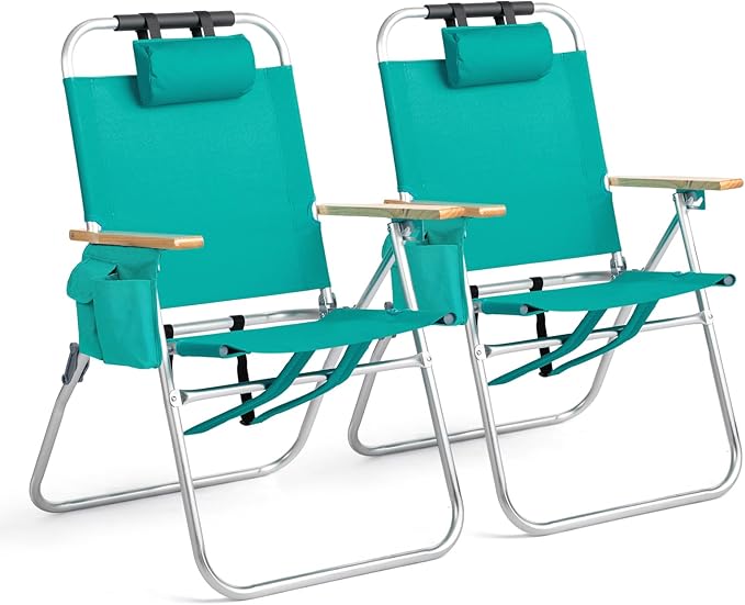 Bonnlo Lightweught 17 Backpack Beach Chair Tall Beach Chairs for Adults Portable with Adjustable Straps 3-Position Reclining Cup Holder High Beach Chairs for Beach