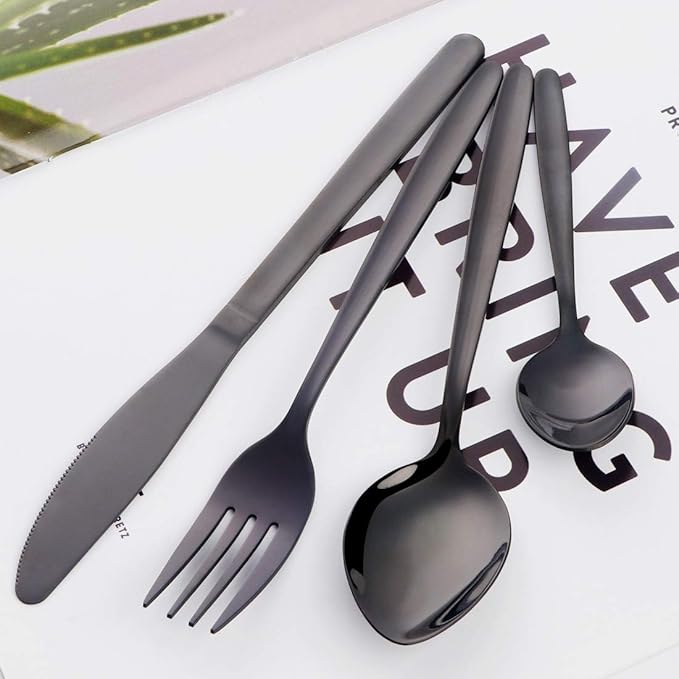 BuyGo Black Silverware Flatware Set 16-Piece Light Weight Stainless Steel Eating Utensil Service for 4 Include Knife Fork Spoon Dishwasher Safe