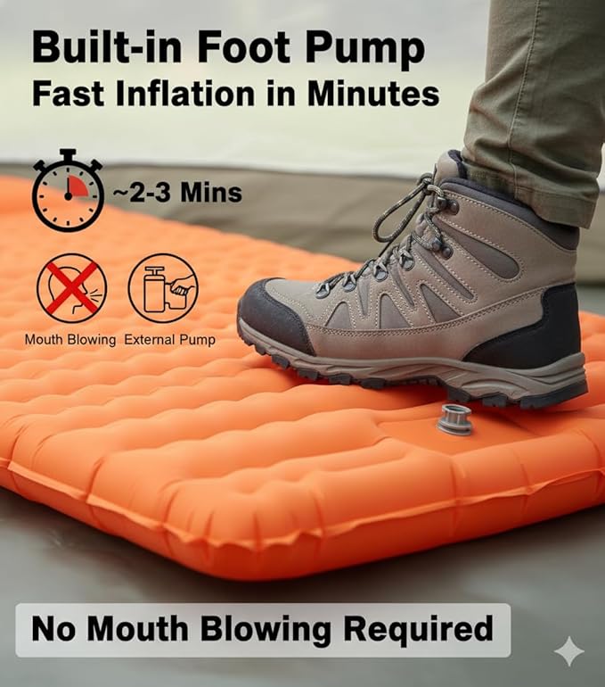 HI FINE CARE Double Camping Sleeping Pad 2 Percon Ultralight Camping Mat with Pillow Built-in Foot Pump Inflatable Sleeping Pads Compact for Hiking Traveling Tent