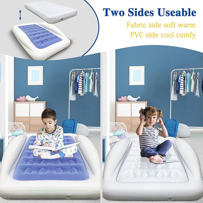 Inflatable Kids Travel Bed Toddler Air Mattress SetPortable Blow Up Mattress Sleeping Bed Cot with Bed Rails and Electric Pump Ideal for Road Trip