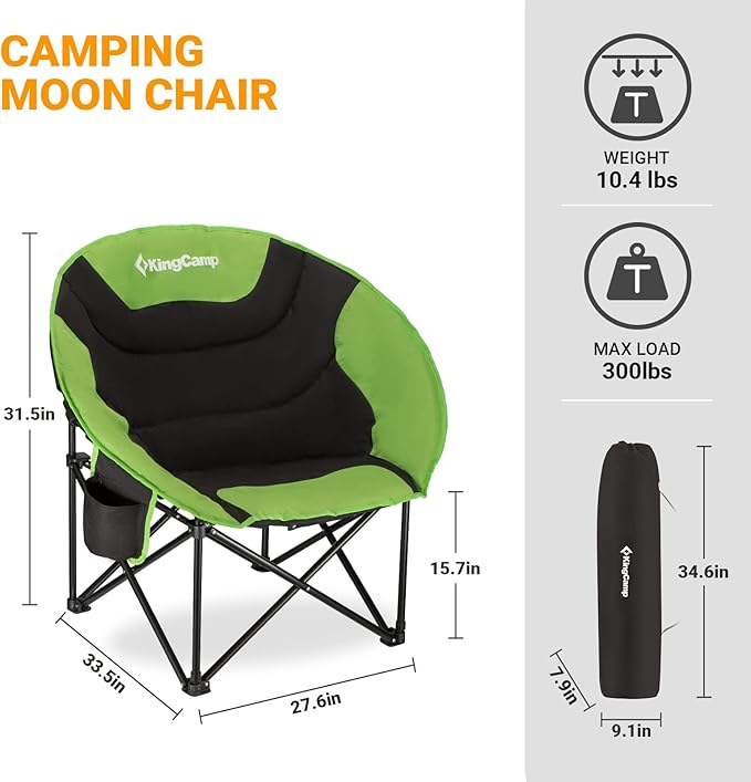 KingCamp Foldable Saucer Moon Lounge Chair with Cupholder Storage Pocket for Indoor Home or Outdoor Camping and Tailgating Use Black/Green
