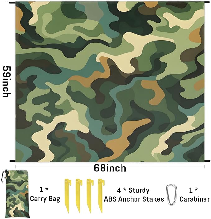 Waterproof Sandproof Beach Blanket 59''×68'' Camouflage Polyester Outdoor Picnic Blanket with 4 Stakes &amp Storage Bag for BeachCampingVacation Greener