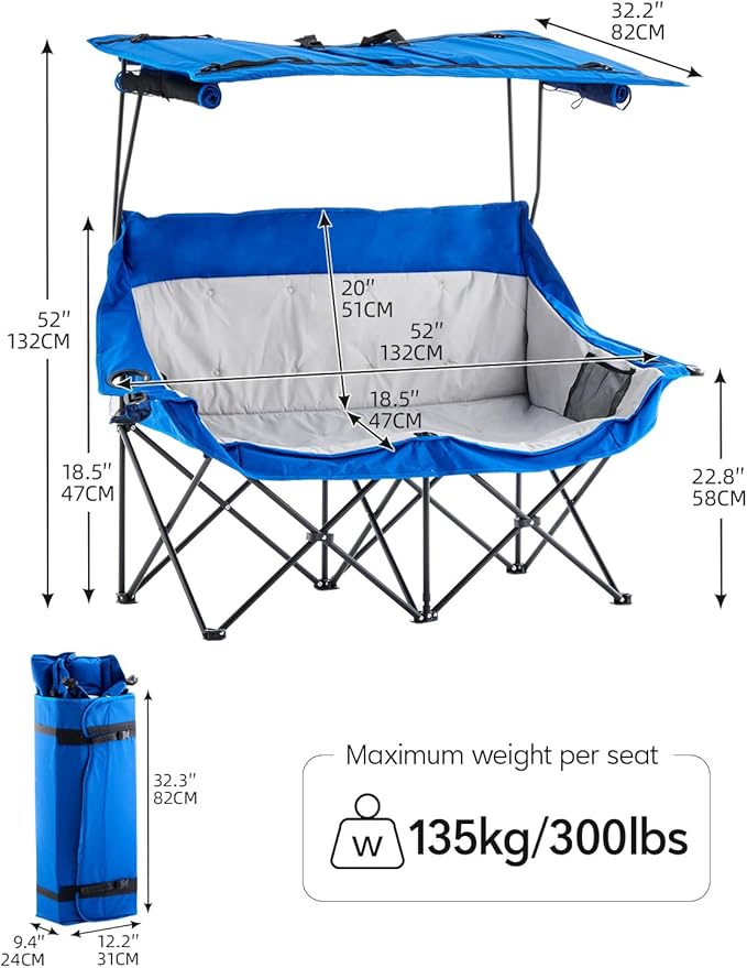 CLIPOP Double Camping Chair with Canopy Portable Outdoor Folding Chair with Cup Holders Side Pocket Oversized Beach Chair with Canopy Shade for Lawn Patio Hiking Blue