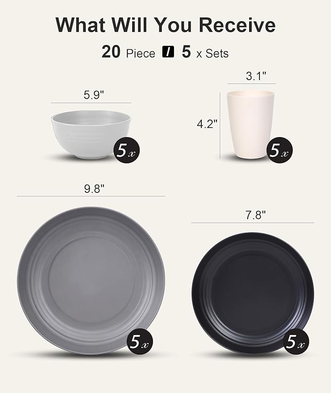 Quatish 20 Piece Plates and Bowls Sets for 5 Unbreakable Dinnerware Sets Plastic Dish Set for Camping Dishwasher Microwave Safe Outdoor Kitchen and Apartment Dinning RV Essentials Grey