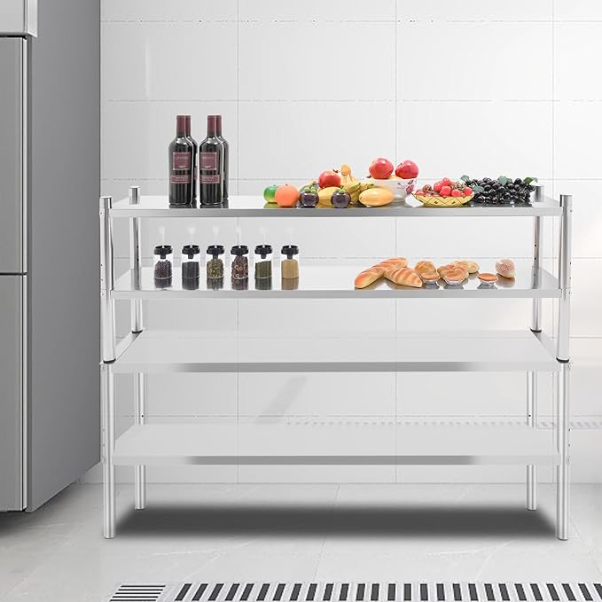 Stainless Steel Shelving 2 Tier Utility Bakers Racks Adjustable Shelf Storage Heavy Duty Shelving for Kitchen Commercial Office Garage Storage Laundry Room Organization (2-Tier 12*60in)