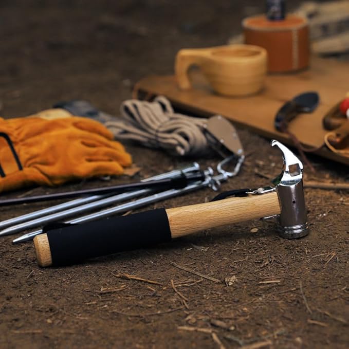 Camping Hammer for Tent Camping- High-Quality Steel &amp Solid Wood Handle with Cushion Grip - Tent Stake Hammer and Puller with Safety Strap Heavy Duty Camping Mallet for Tent Stakes (Cast Steel)