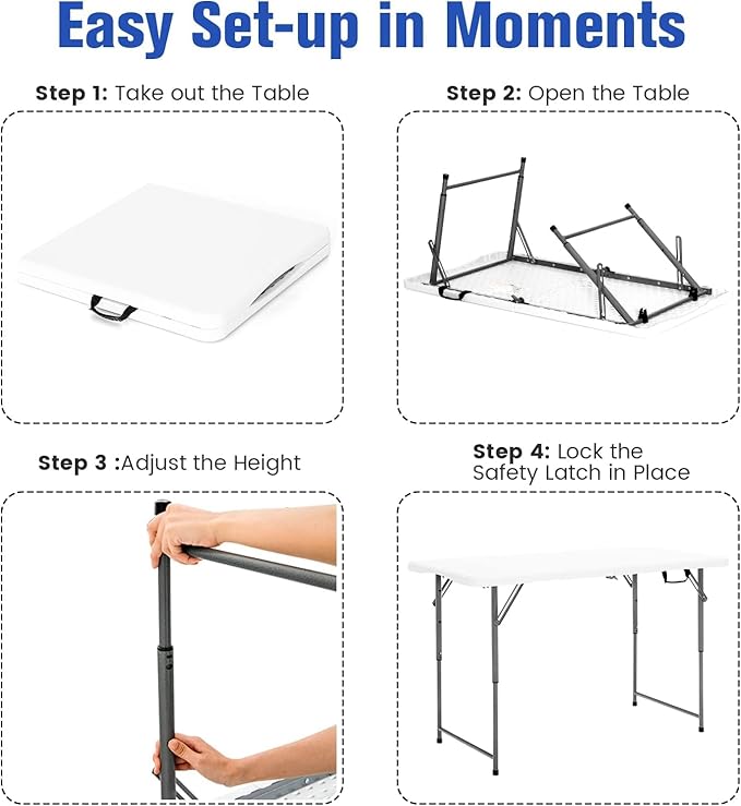 Camping Table Folding Camping Table 3-Level Adjustable Height Party Picnic Table with Carrying Handles Portable Outdoor Indoor BBQ Dining Table 150kg Load Capacity