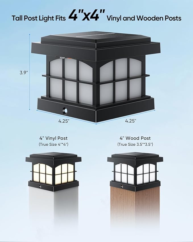 PARTPHONER RGBCW Solar Post Cap Lights 8-Pack 9 Colors 3 Modes Fence Caps Bright Solar Outdoor Waterproof LED Deck Lighting for Fence Garden Deck Patio Porch Decor 4x4 Vinyl/Wood Black