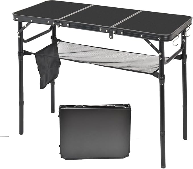Portable Folding Camping Table Lightweight Aluminum Outdoor Picnic Table with Adjustable Height Compact &amp Sturdy Kid Table for Camping Hiking Backyard Beach Black