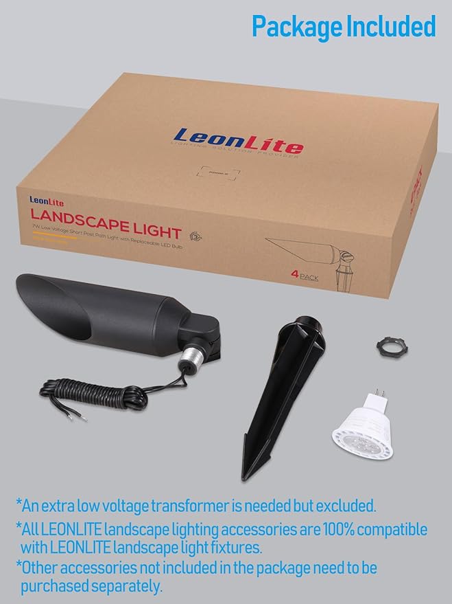 LEONLITE 9 Inch Low Voltage Landscape Spotlight 12V LED Outdoor Landscape Lighting with 7W 3000K MR16 Bulbs Max 50W GU5.3 Base Die-Cast Aluminum Uplighting for Garden Tree Yard Black Pack of 4