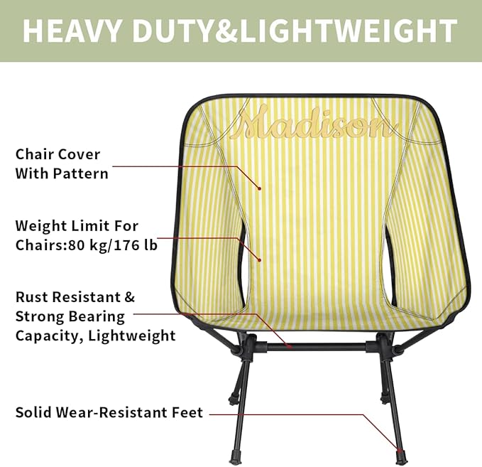 Custom Portable Camping Chair Compact Lightweight Personalized Folding Chair for Travel Beach Picnic Backpacking Hiking Yellow Stripes