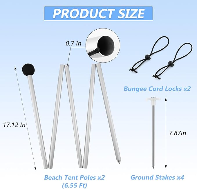 Beach Tent Poles Replacement - 6.56Ft Awning Poles with Ground Stakes for Tarp Canopy Foldable Aluminum Alloy Tarp Poles for Camping Parties Fishing and Hiking 2-Pack
