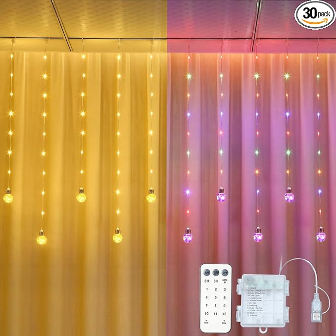 Wishing Ball Curtain Lights Battery Operated 10ft x 3.3ft Warm White &amp Multicolor Fairy String Lights Curtain Timer &amp IR Remote for Bedroom Backdrop Indoor Outdoor Christmas Party Decor