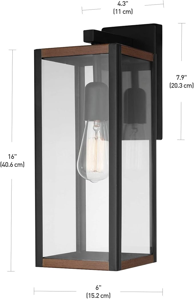 GLOBE Electric 44681 1-Light Outdoor Indoor Wall Sconce Matte Black Faux Wood Accents Clear Glass Shade Back Porch Lights Front Patio Garage Fixture Exterior Lighting for House