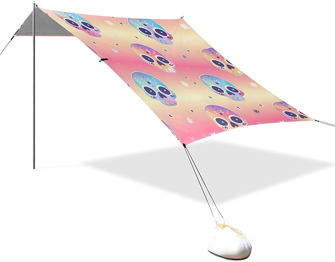 ALAZA Rrainbow Skulls Beach Tent Sun Shelter UPF50+ Protection Beach Shade Canopy w/ 4 Sandbags for Outdoor Camping Fishing Backyard Fun Picnic 10x9 ft
