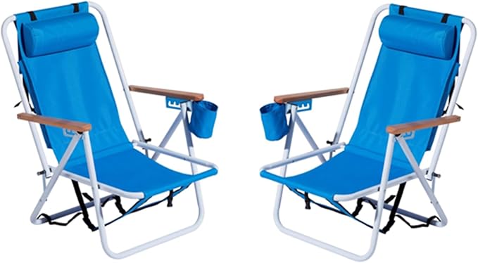 Beach Chairs for Adults 2 PackPortable Folding Backpack Beach Chair with Headrest Cup Holder and Wooden ArmrestsCup Holder for Outdoor/Lawn/PicnicFoldable Camping Chair (Blue-2Set)