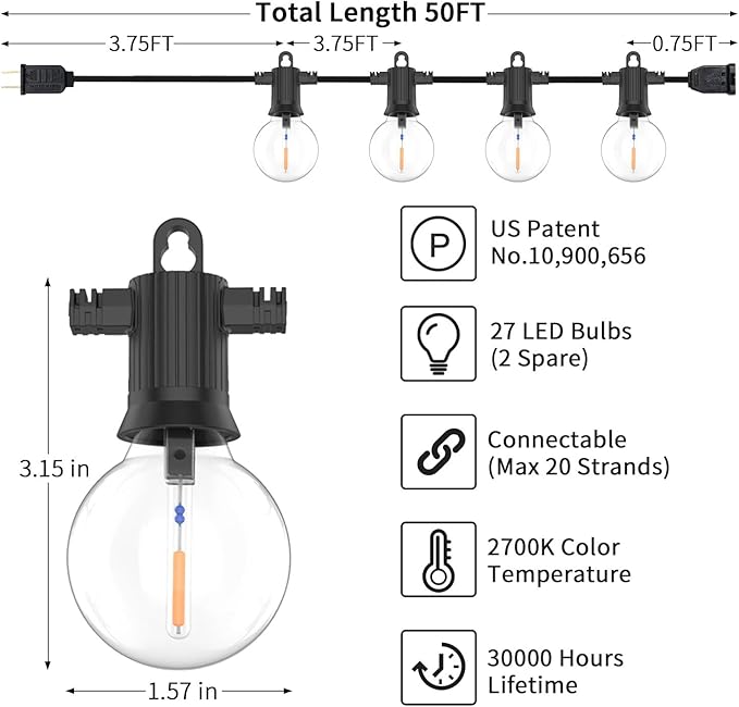 ZOTOYI Outdoor String Lights 50FT LED Patio Lights with 27 Plastic G40 Bulbs(2 Spare) Waterproof IP65 Edison Globe String Lights for Outside Cafe Bistro Backyard Garden Dimmable 2700K