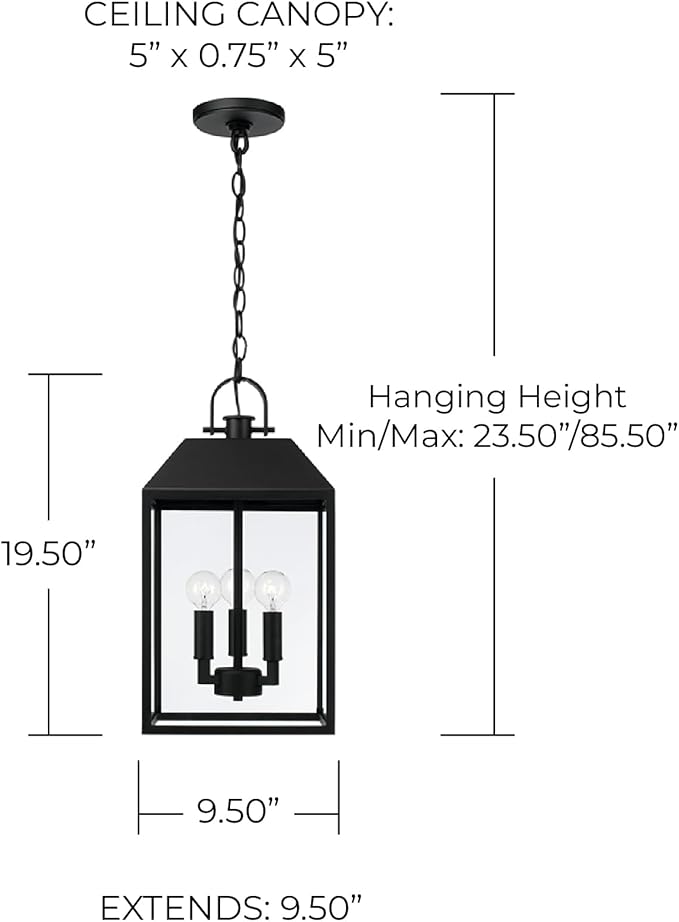 Capital Lighting 953434BK Nelson Modern Clear Glass Outdoor Hanging Lantern 3-Light 180 Total Watts 20 H x 10 W Black