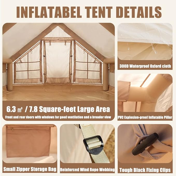 Inflatable Tents for Camping Blow Up Tent House with Hand Pump Easy Setup 4 Season Waterproof Windproof Oxford Air Tent Cabin House for Outdoor Camping Adult Fit for 2-6 Person (10FTx6.6FT)
