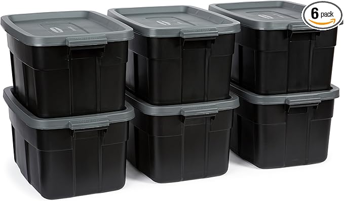 Rubbermaid Heavy Duty Black Storage Bins Plastic Totes with Lids for Storage Stackable Large Capacity Durable Multipurpose 14 GAL 6 Pack (14 GAL - 6 Pack Solid Black and Grey)
