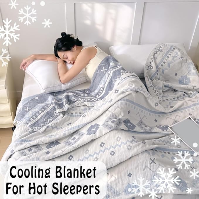 ITFRO Boho Cooling 3 Layer Cotton Muslin Blanket for Hot Sleepers Twin Size 60x80 Inches Lightweight Breathable Reversible Summer Camping Blanket All Seasons for Couch Sofa Bed (Boho Blue 60x80)