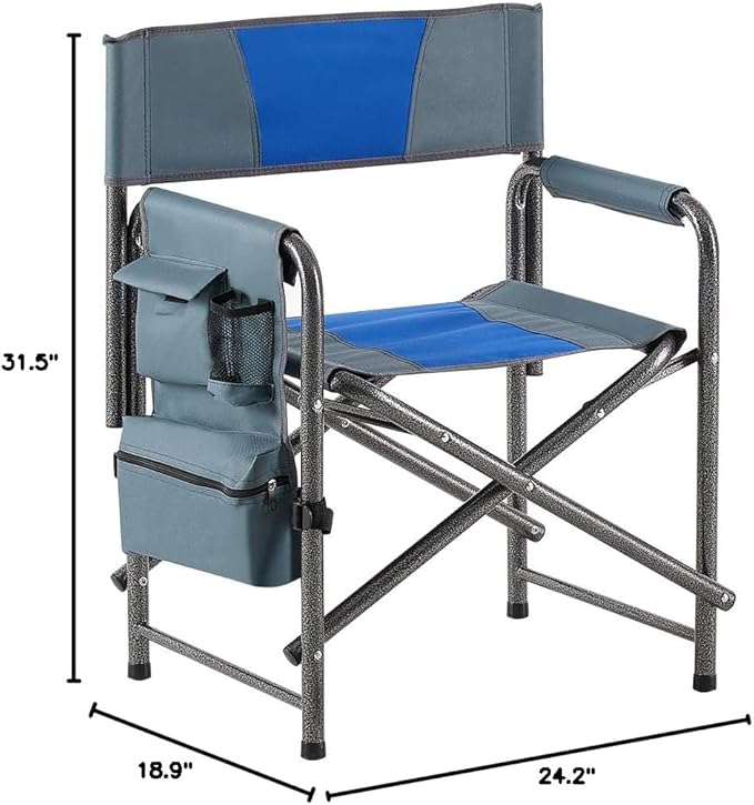 Lightweight Oversized Outdoor ChairPadded Folding Chairwith Side Table and Storage Pockets for IndoorOutdoor CampingPicnicsFishingBlue+Grey