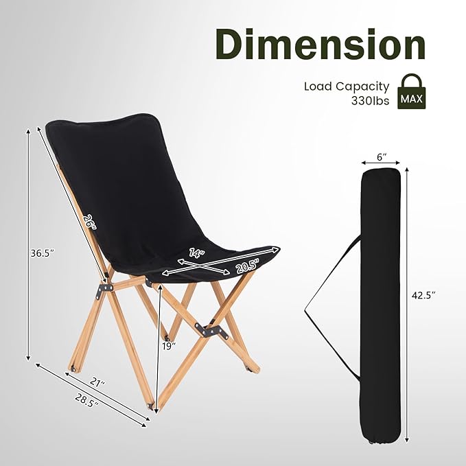 Giantex Camping Chairs 2 Pack Folding Beach Chairs for 330lbs Outdoor Butterfly Chair Portable Lawn Chairs for Picnic Fishing Hiking Mountaineering Lightweight Bamboo Frame No Assembly (Black)