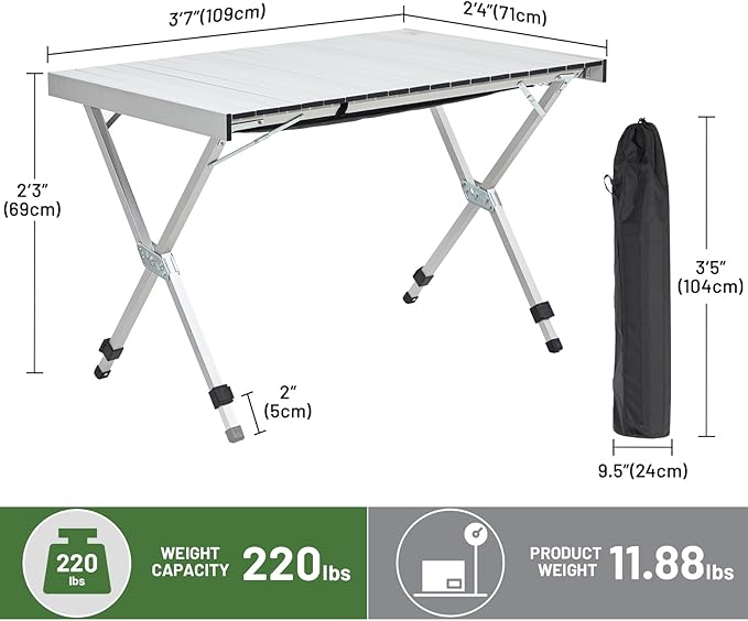 TIMBER RIDGE Folding Camping Table Adjustable Height 4-6 Person Lightweight Aluminum Roll-up Table for Camping Outdoor Picnic BBQ Backyard Party Support 220 lbs Silvery