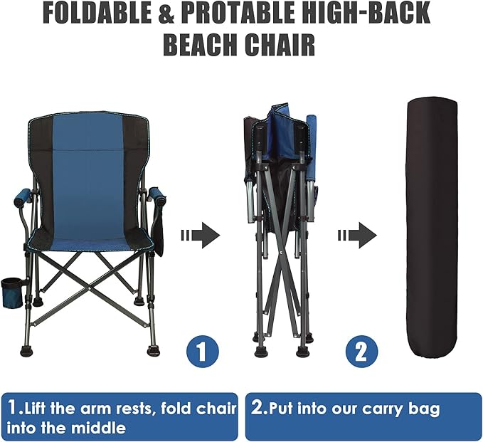 LEADALLWAY Folding Camping Chair Oversized Collapsible Camp Chair with Cup Holder and Removable Storage Bag Heavy Duty Support 351 LBS Portable Lawn Chair for Outdoor Camp Picnic Travel Fishing