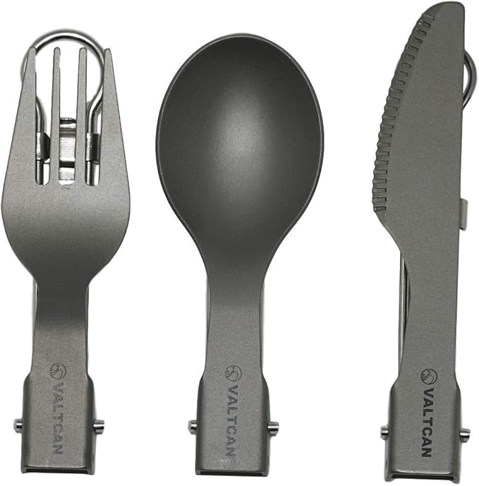 Valtcan Titanium Folding Utensil Set 3 Piece Fork Knife Spoon - 58g Ultralight Locking Hinge Full-Size When Open Pocket-Size When Folded Zero Metallic Taste Grade 1 Ti Carry Pouch Camping EDC