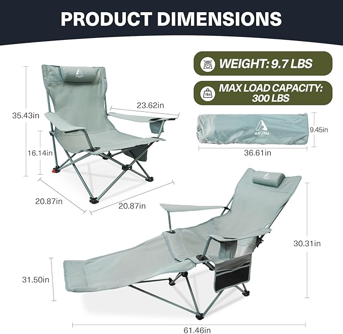 2-in-1 Reclining Camping Chair Portable Folding Beach Lounge Chair with Footrest &amp Adjustable Backrest Comfortable Lawn Chair for Adults Heavy Duty with Cup Holder for Outdoor Poolside Sports