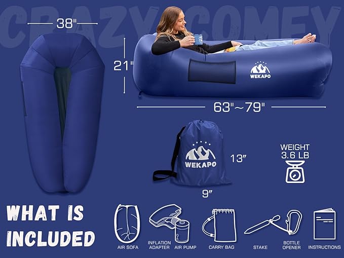 WEKAPO Inflatable Couch with Pump - Easiest Setup Crazy Comfy &amp Ultralight - Blow up Lounger Chair Perfect for Hiking Camping Beach Festivals - Lightweight Air Sofa for Relaxing Anywhere (Navy