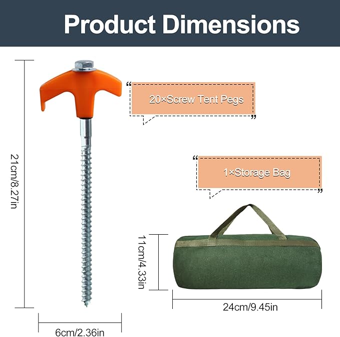 20-Pack Heavy-Duty Tent Stakes 8 Inch Yard Stakes Non-Rust Metal Tent Pegs Ground Stakes Tent Spikes for Camping Patio Garden Canopies with Hex Head Driver and Sturdy Storage Bag (Orange)