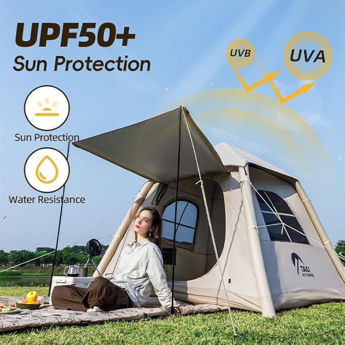 Automatic Inflatable Camping Tent Quick Setup Tent with Electric Air Pump Easy Set up 3-4 Person Blow Up Tents for 4 Seasons Waterproof Windproof Inflatable Tent for Camping