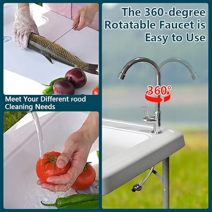 4FT Fish Cleaning Table with Sink 47'' Folding Portable Camping Outdoor Fillet Station with Detachable Faucet Drainage Hose for Picnic Camping Kitchen Gardening White