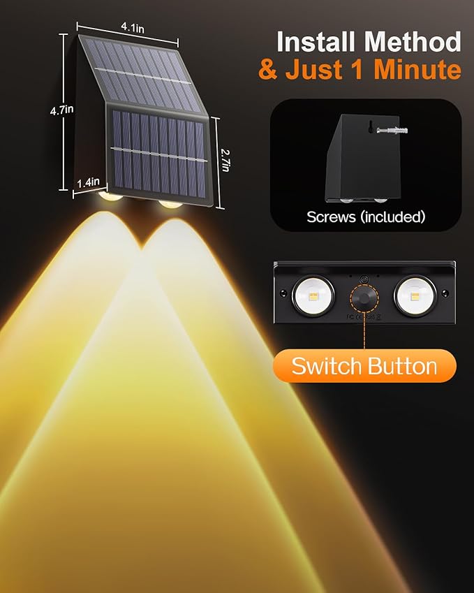 High Brightness Solar Fence Lights Outdoor Larger Size Solar Lights with Dual Solar Panels Waterproof Fence Lights Solar Powered for Stair Step Yard Patio Wall (8 Pack)
