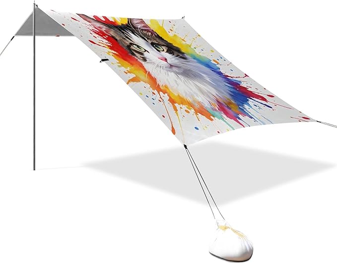 ALAZA Colorful Watercolor Cat Beach Tent Sun Shelter UPF50+ Protection Beach Shade Canopy w/ 4 Sandbags for Outdoor Camping Fishing Backyard Fun Picnic 10x9 ft