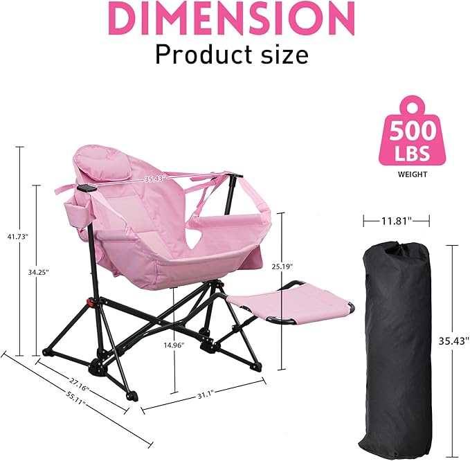 Hammock Camping Chair with Leg RestLightweight Portable Outdoor Chair for Camping and Hiking Supports 500lbsPink