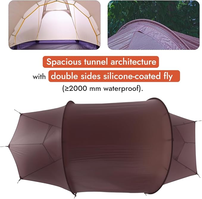 Gale Lite 2 Ultralight 2-Person Tunnel Tent – 2.89 lb Double Silicone-Coated Fabric Compact 3-Season Backpacking Shelter – Wine Brown