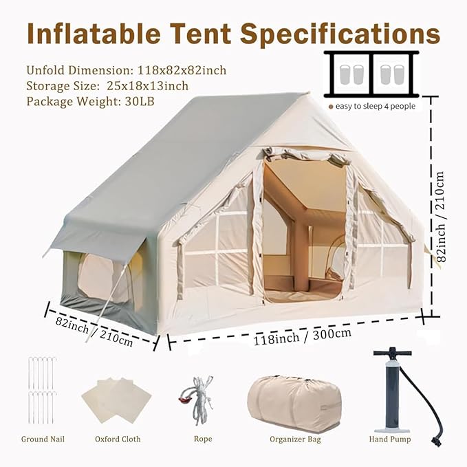 3-5 Person Family Inflatable Tents for Camping 6m² Waterproof 4-Season Blow-up Air Tent with Pump Outdoor Glamping Tents Large Family Tent for Friends Family Travel