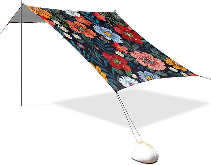 Colorful Floral Pattern Beach Tent Sun Shelter 9.2' x 10.5' Beach Canopy with 4 Sandbags 4 Stability Poles Sand Shovels - Tent Canopy for Beach Camping Fishing Picnics