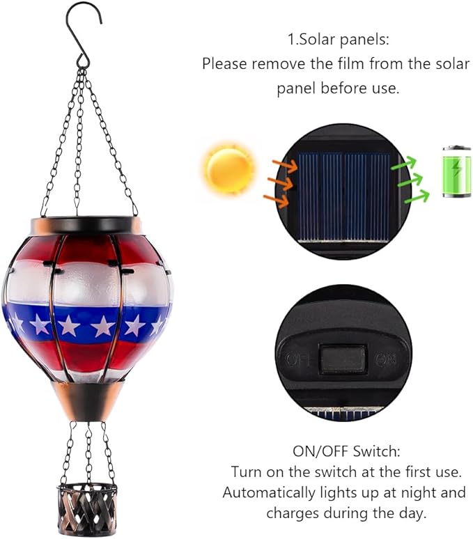 DREAMSOUL 2 PCS Flag Solar Hot Air Balloon Lantern with Flame Hanging Waterproof Solar Lanterns Outdoor Waterproof Flag Day for Patio Garden Decor Fourth of July Decorations