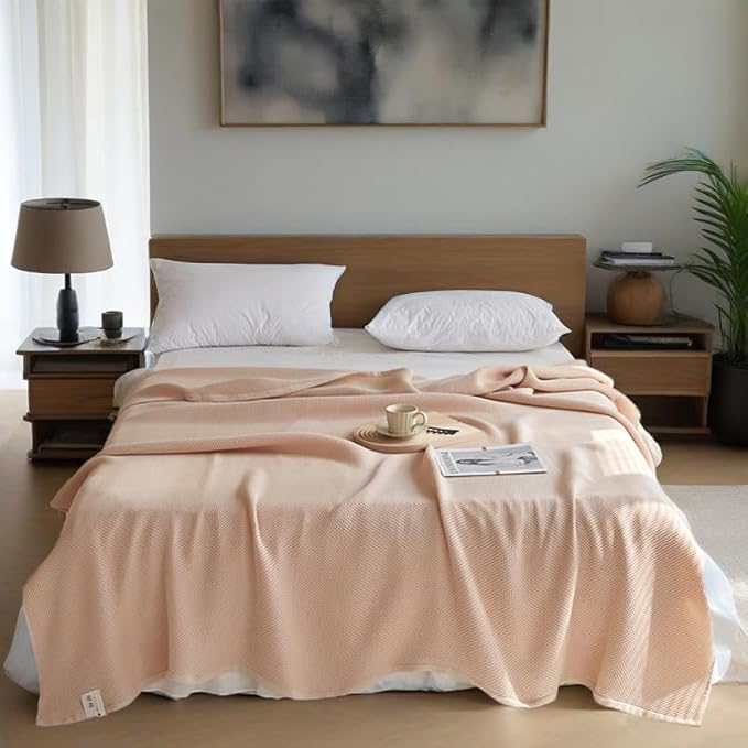 Bnitoam 100% Cotton Waffle Weave Blanket for Bed Couch Sofa 80x92 Soft Breathable Cooling Cellular Blanket for Adult Lightweight All Season Machine Washable Khaki (Khaki 80x92)