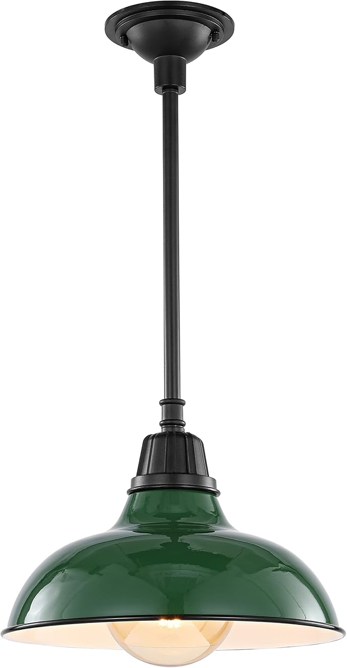 JONATHAN Y 12.25 Green/Black 1-Light Farmhouse Indoor/Outdoor LED Pendant Iron Hanging Light and Black Metal Shade Rustic Ceiling Lamp for Kitchen Island LED Bulb Included (JYL7611F)