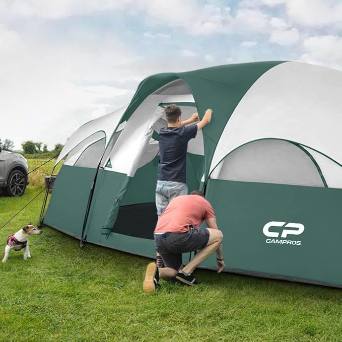 CAMPROS CP Tent 8 Person Camping Tents Weather Resistant Family Tent 5 Large Mesh Windows Double Layer Divided Curtain for Separated Room Portable with Carry Bag