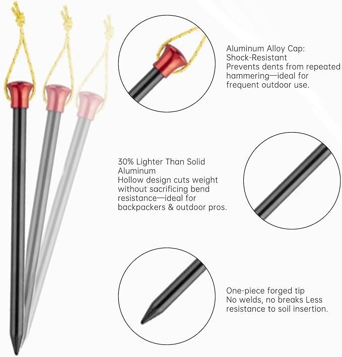 10 Pack Camp Tent Stakes 6/7.9 Inch Non-Rust Ground Stakes Hollow Aluminum Canopy Anchors Ultralight Tent Spikes Used on Rocks Ideal for Camping Trampolines Sheds Backyard Swing Sets