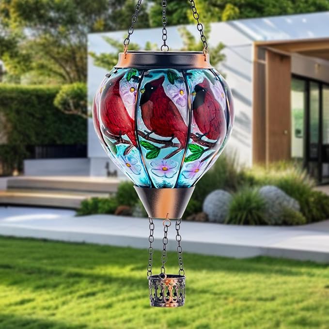 DREAMSOUL 2PCS Cardinal Hot Air Balloon Solar Lantern Hanging Glass Solar Lanterns Outdoor Waterproof for Yard Party Gift