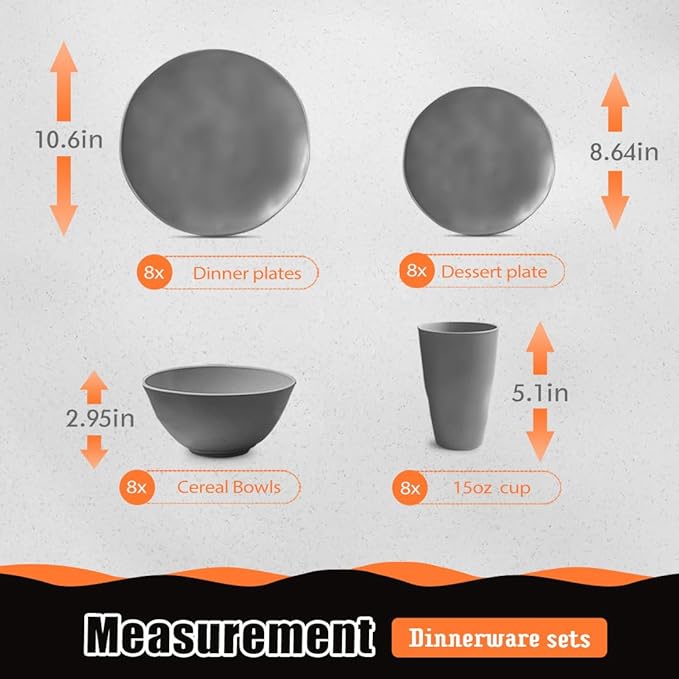Teivio 32-Piece Kitchen Plastic Wheat Straw Dinnerware Set Service for 8 Dinner Plates Dessert PlateCereal BowlsCups Unbreakable Plastic Outdoor Camping DishesIrregular Deep Gray