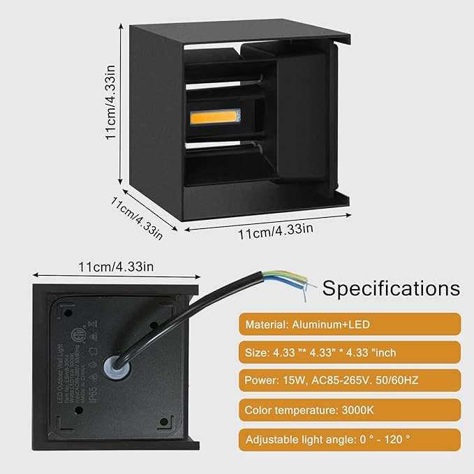 Nigaut Outdoor Wall Light 4 Pack 15W 3000k Black Up and Down Lights Outdoor Sconce Lights for Patio Porch with Adjustable 0-120° Beam Angle LED Exterior/Interior Lighting Fixtures