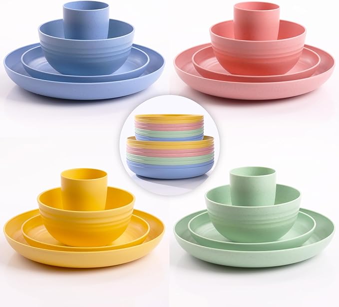 32 pcs Unbreakable Lightweight Wheat Straw Dinnerware Sets for 8 Reusable Kids Plates and Bowls Sets Non Toxic Microwave and Dishwasher Safe Plastic Dishes Set Camping RV Picnic Dishes